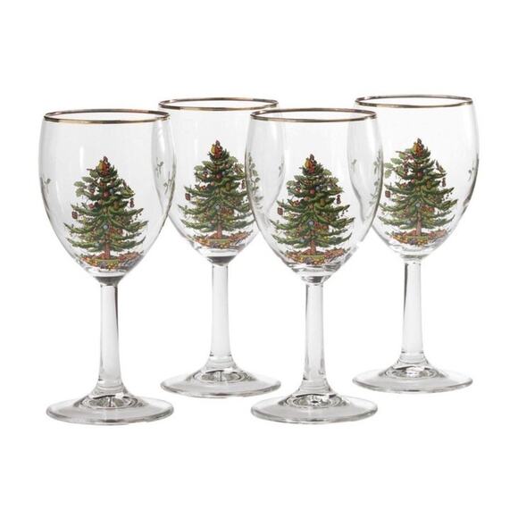 Four Spode England Christmas Tree 13 Ounce Wine Glasses with Gold Rims